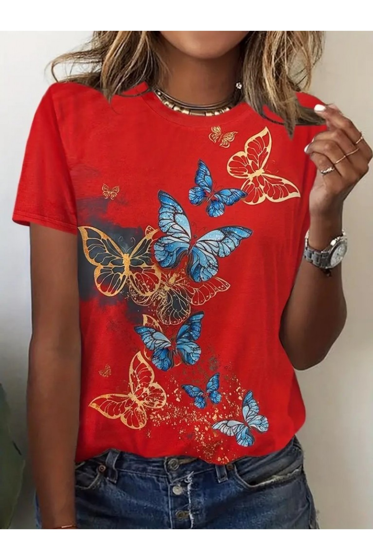 Women's Short Sleeve Blue Yellow Butterfly Printed Jersey Blouse, 23800